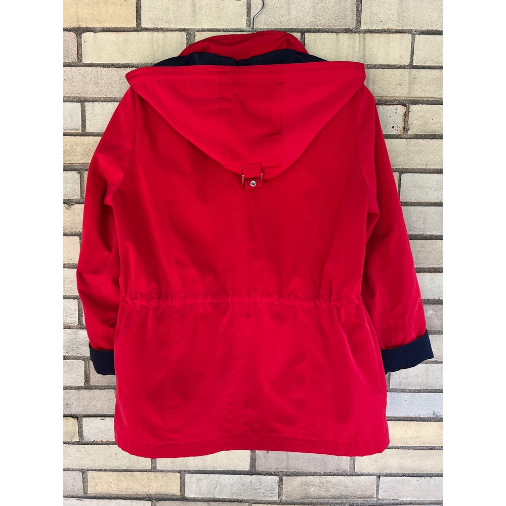 Liz Claiborne Red Hooded Anorak Jacket Navy Trim Nautical Medium Petite MP - Picture 6 of 7